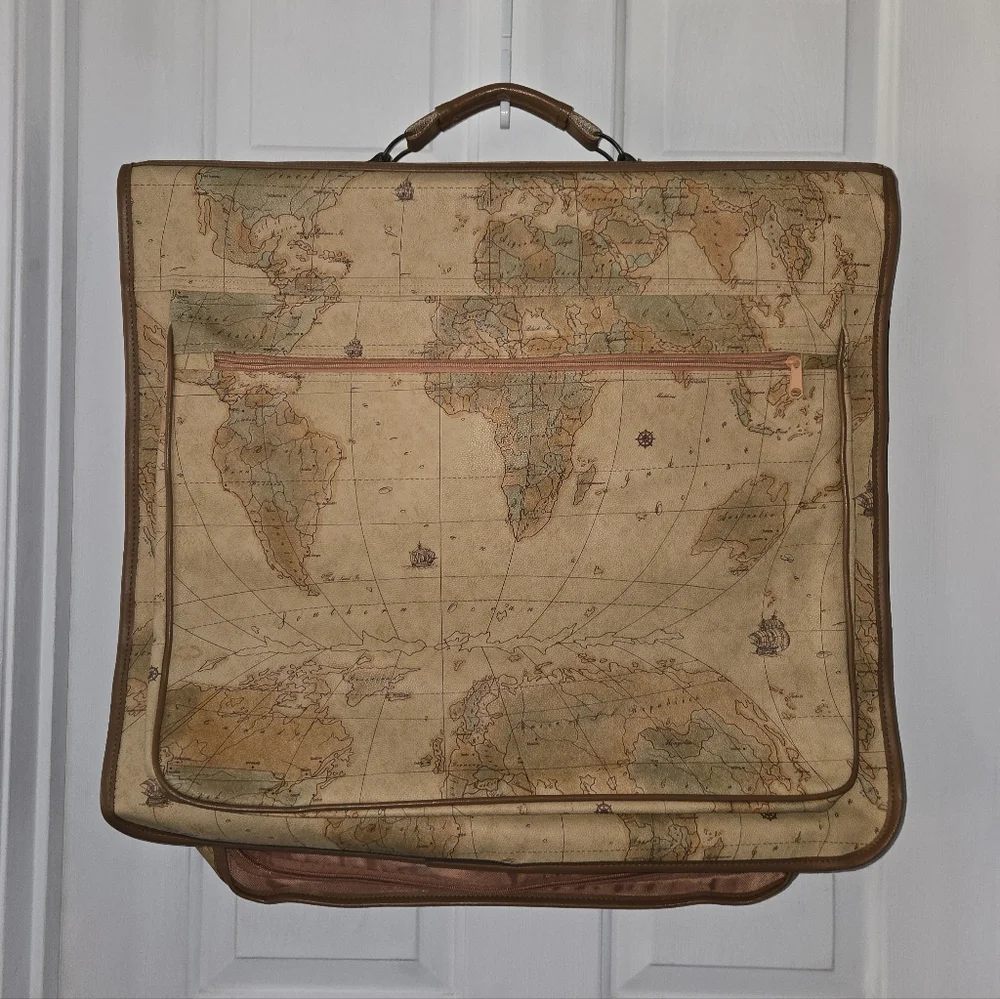 Vintage Brown Large Map Print Hanging Garment Bag